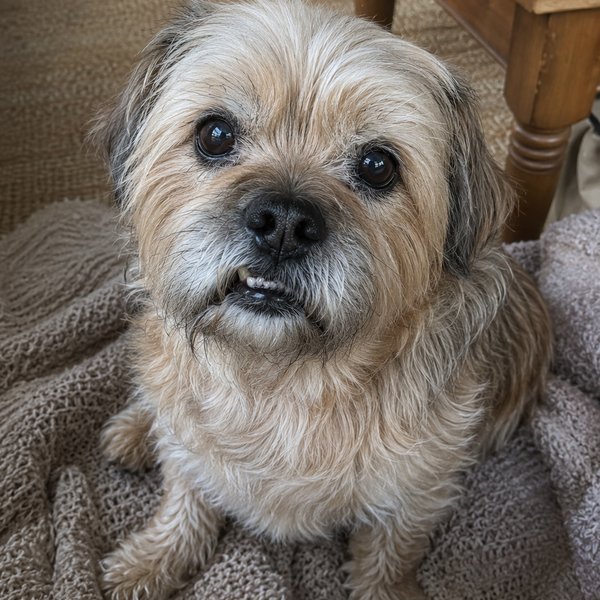 Senior small scruffy tan terrier sitting on a knit blanket