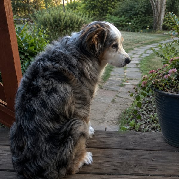 Senior blue merle australian shepherd sitting on a porch step at dusk