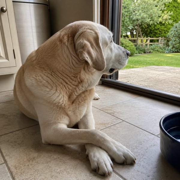 Senior yellow labrador watching the garden through a patio door