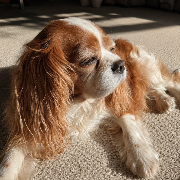 Senior cavalier king charles spaniel drowsy in a sunbeam on carpet