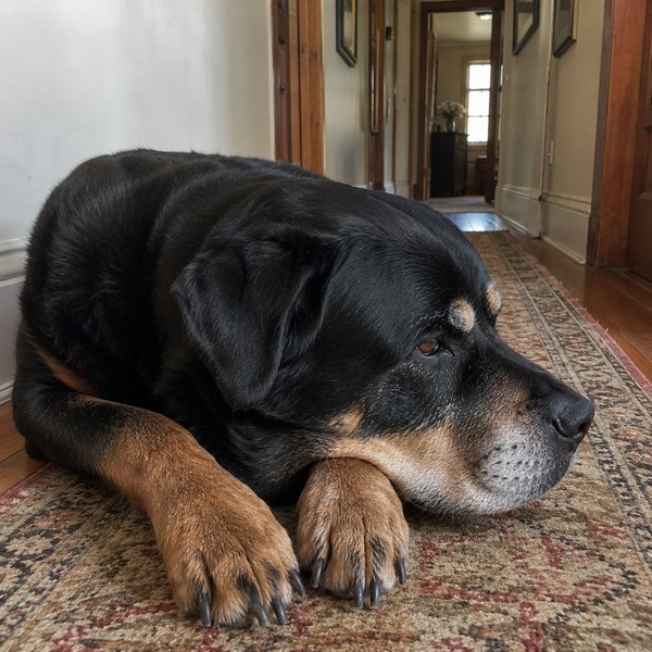 Senior rottweiler lying chin-on-paws in a hallway