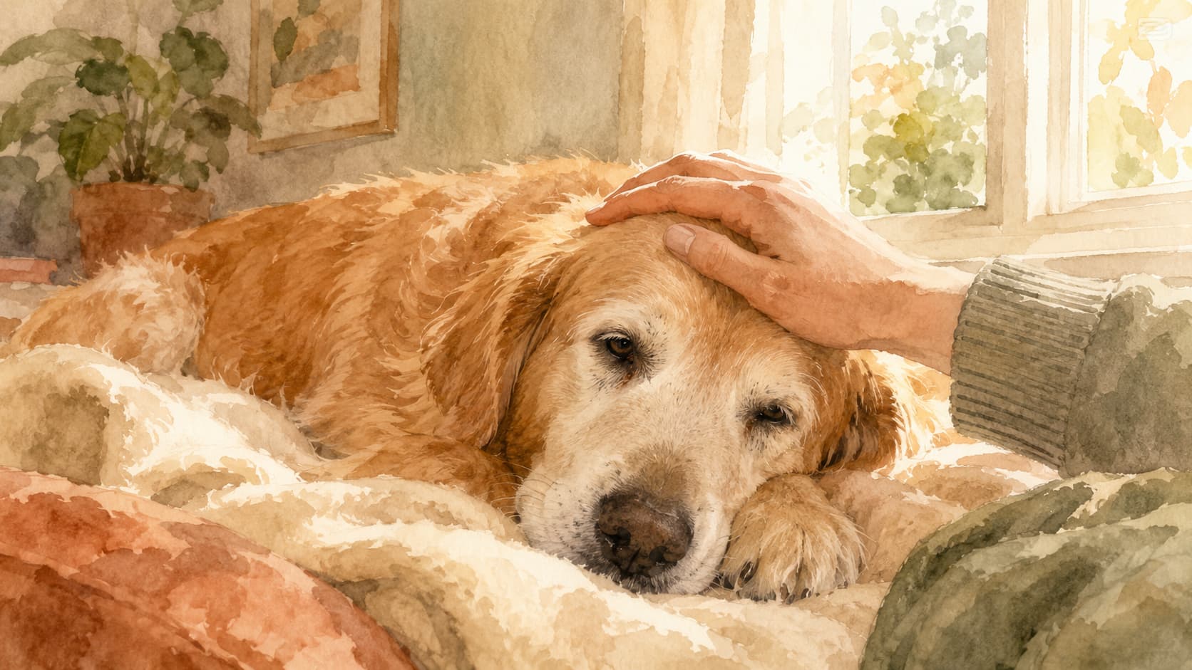 Elderly golden retriever resting at home — watercolour illustration accompanying a guide to canine cognitive dysfunction