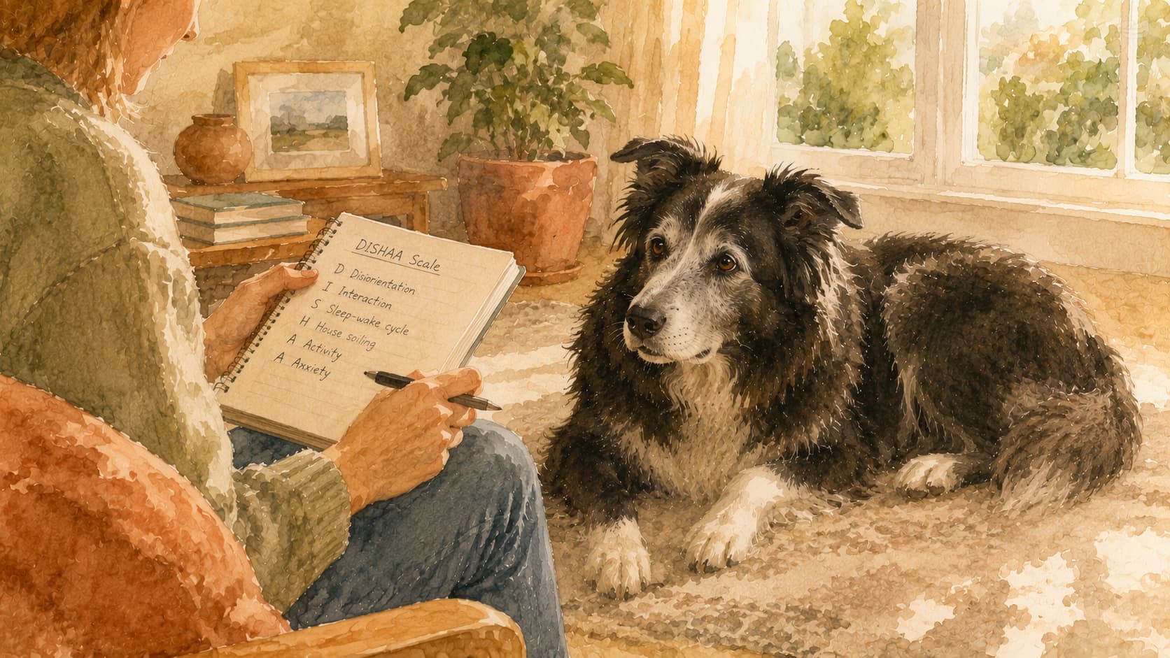 Senior border collie observed at home with a notebook — watercolour illustration accompanying a guide to the DISHAA scale for dogs