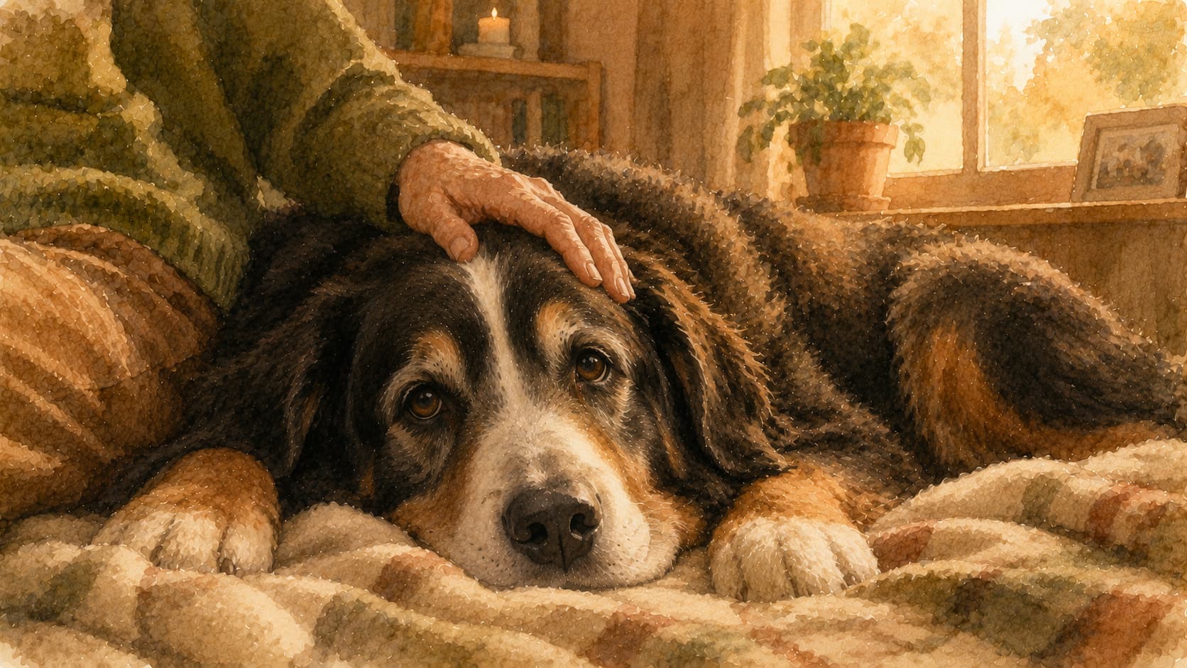 Elderly bernese mountain dog resting with owner's hand on its head — watercolour illustration accompanying a guide to dog quality of life assessment