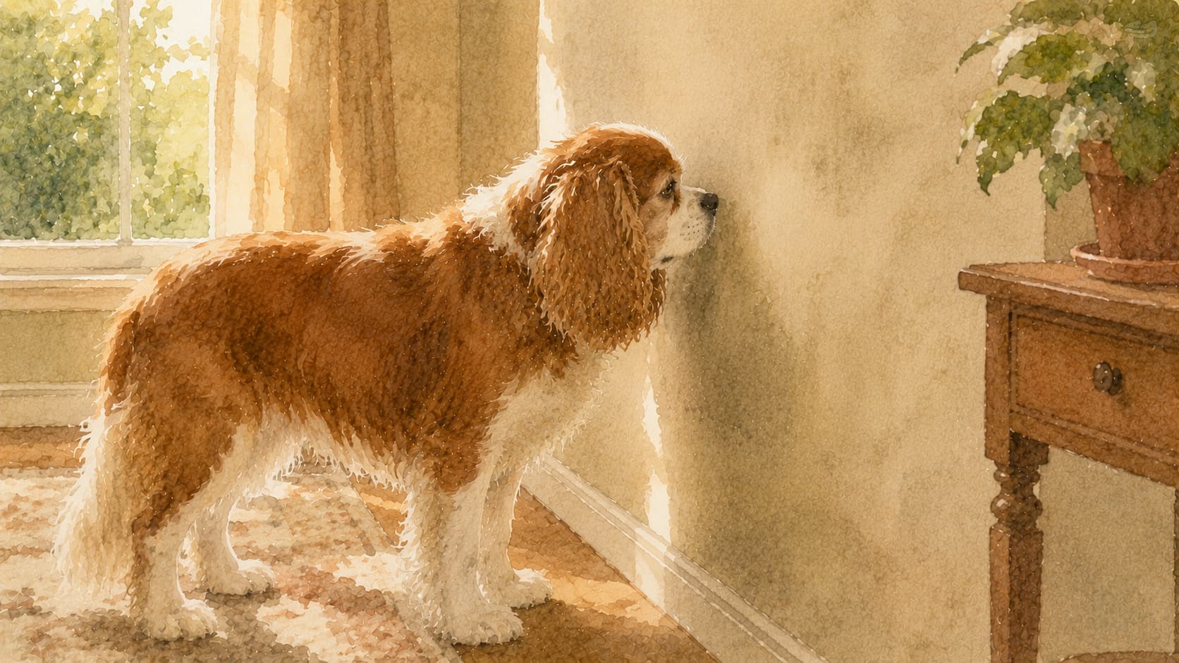 Senior cavalier spaniel standing facing a wall in profile — watercolour illustration accompanying a guide to dogs staring at walls