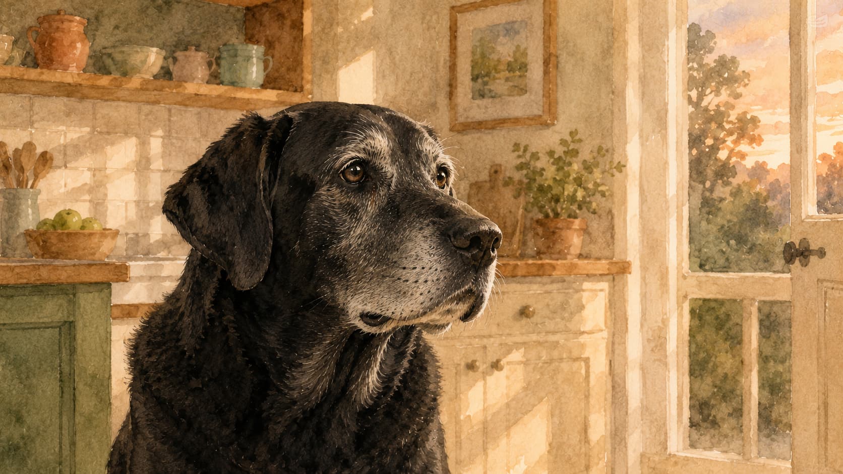 Senior labrador with grey muzzle standing in a softly lit kitchen — watercolour illustration accompanying a guide to recognising signs of dog dementia