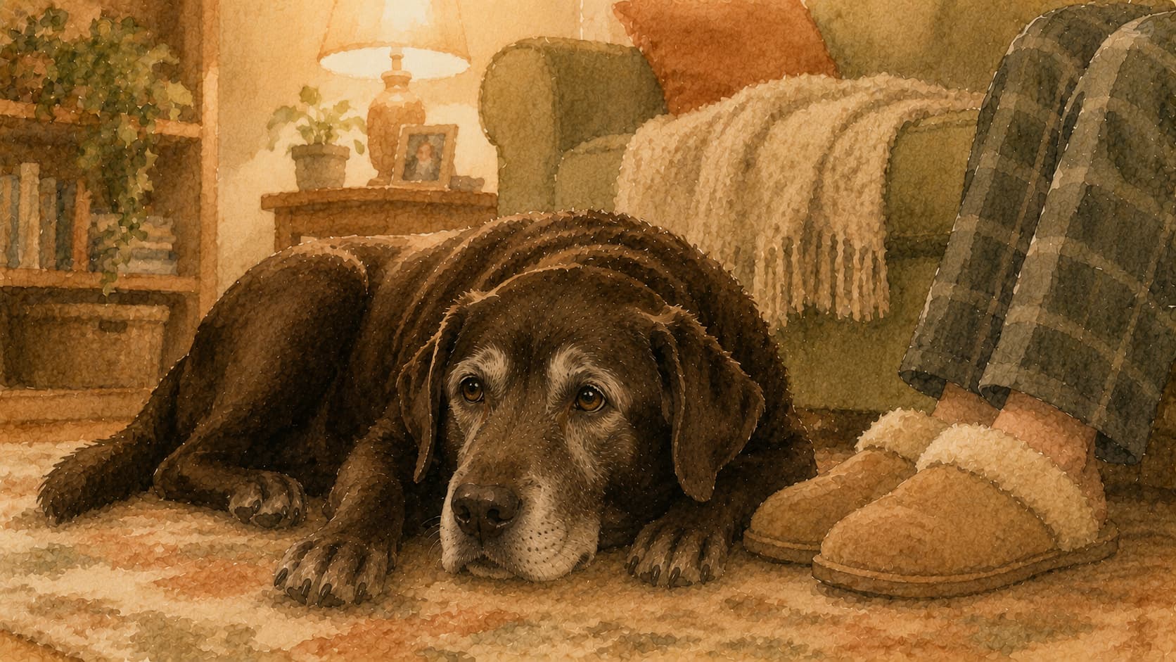Senior chocolate labrador resting close to its owner's feet — watercolour illustration accompanying a guide to senior dog anxiety