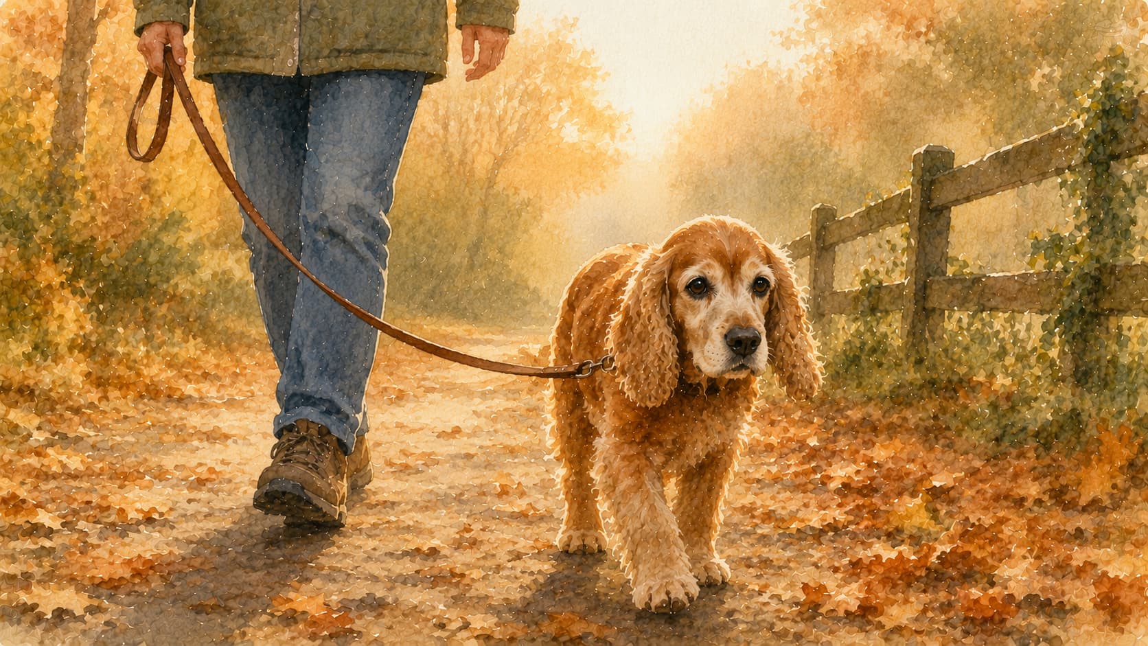 Senior cocker spaniel walking with owner on a familiar autumn path — watercolour illustration accompanying a guide to senior dog daily routines