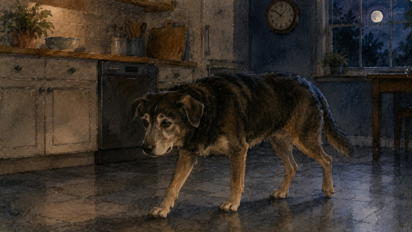 Elderly mixed-breed dog pacing in a moonlit kitchen — watercolour illustration accompanying a guide to senior dog pacing at night