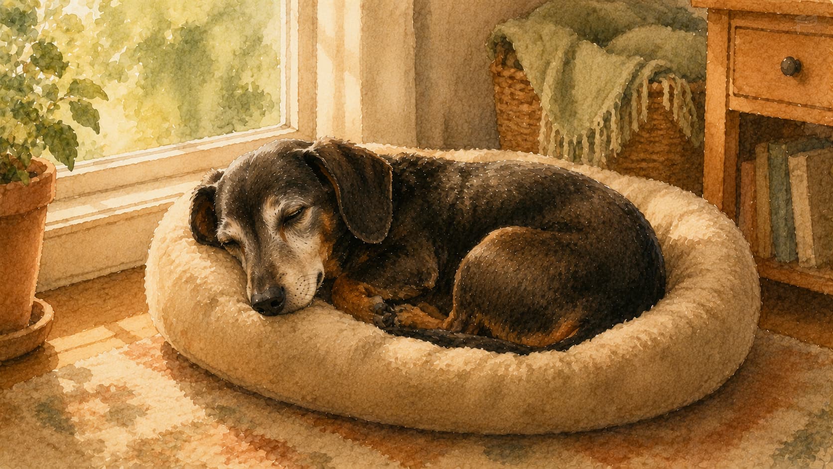 Senior dachshund sleeping in a soft dog bed by a window — watercolour illustration accompanying a guide to sleep changes in aging dogs