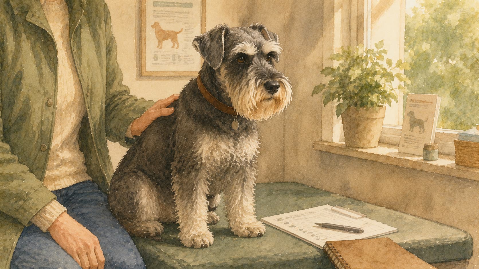 Senior schnauzer sitting calmly on a vet exam bench with owner's hand on its back — watercolour illustration accompanying a guide to preparing for a senior dog vet visit