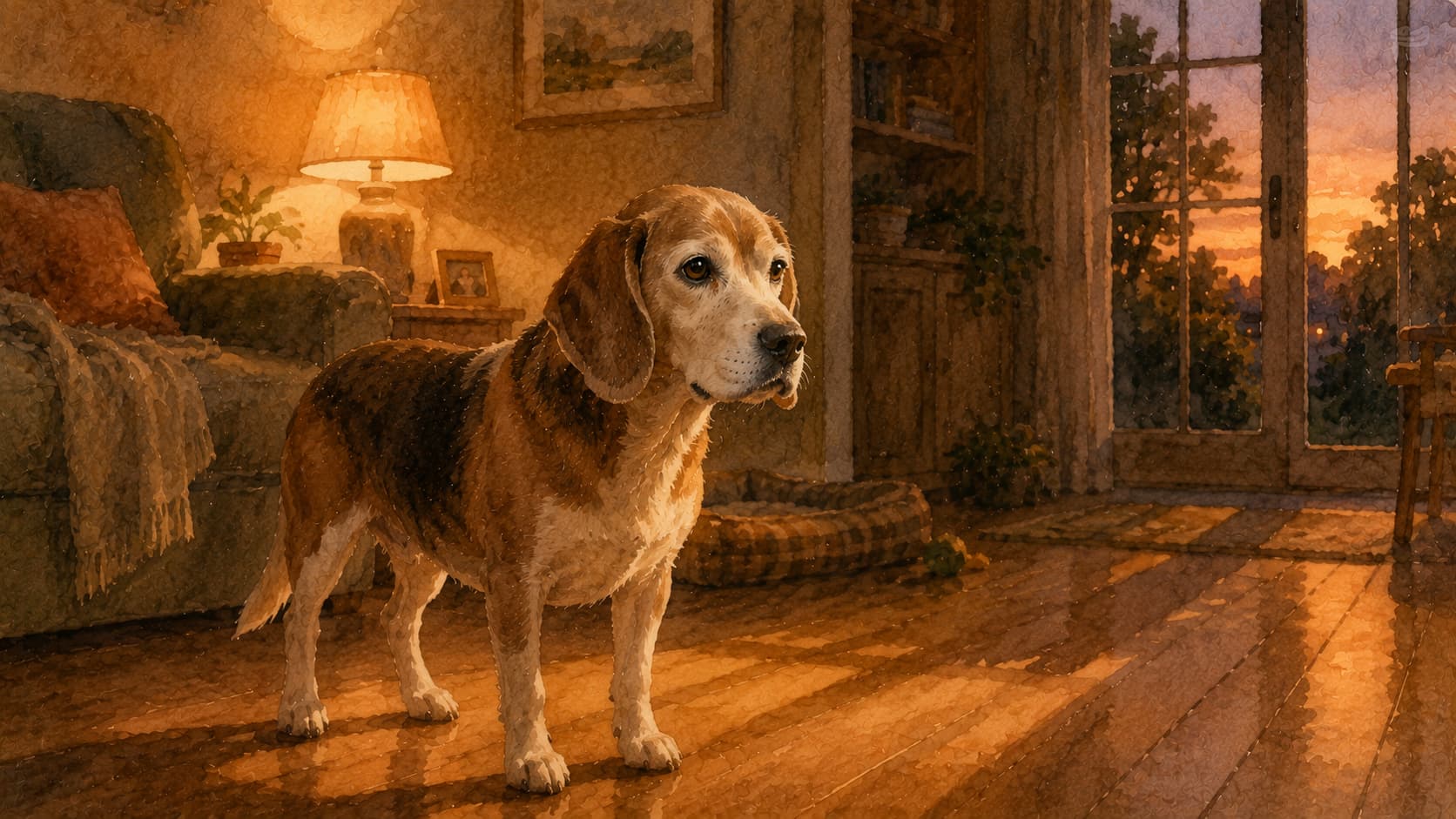 Senior beagle in a softly lit living room at dusk — watercolour illustration accompanying a guide to sundowning in dogs