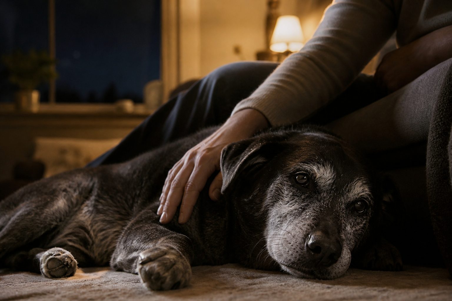 A senior dog with a gray muzzle resting calmly while their owner sits beside them in warm evening light.