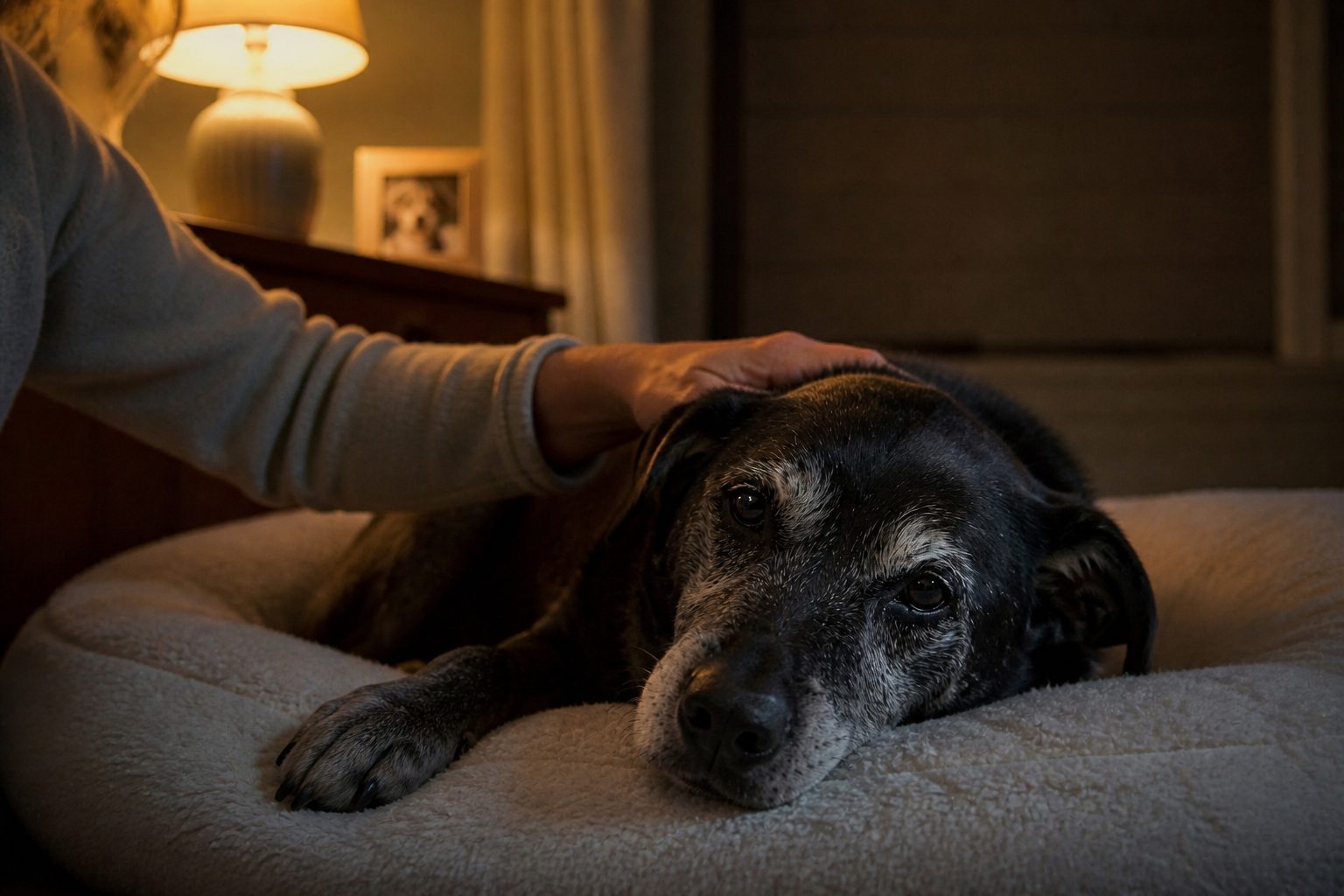 A senior dog resting peacefully on a soft bed, an owner's hand on their head, with a framed photo of the same dog from younger days visible on the side table.